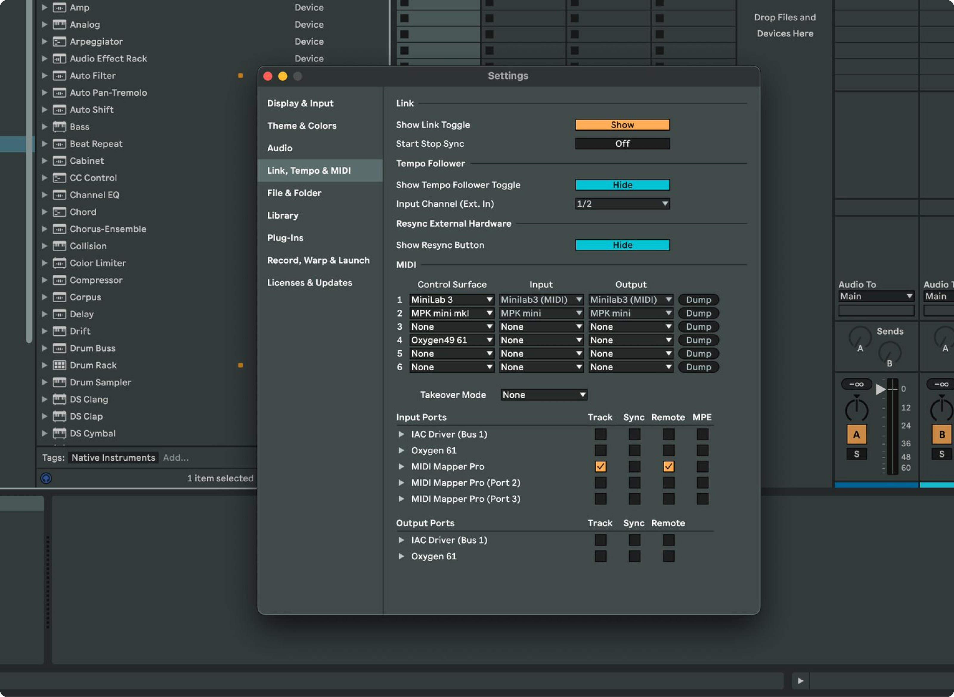 Ableton MIDI preferences showing MIDI Mapper Pro virtual ports